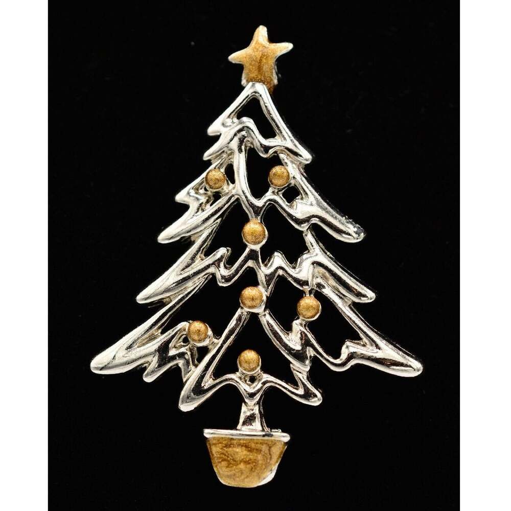 Vintage Christmas Tree Pin Brooch Enamel Gold Silver Holiday Party 1980s Bin5B